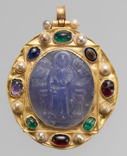 Figure 6. Pendant Brooch with Cameo of Enthroned Virgin and Child and Christ Pantokrator. 11th-12th century AD. Material - chalcedony. The Metropolitan Museum of Art.
