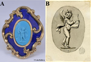 Figure 17. A. Cupid with a Lyre. Turquoise vitreous Tassie glass, c.1800