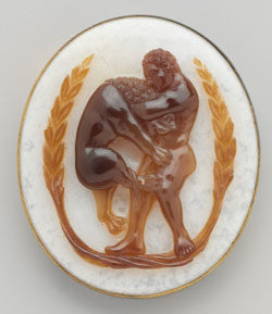 Figure 5. Cameo with Hercules and the Nemean Lion within a Garland. 11th century. Material - sardonyx. The Metropolitan Museum of Art.